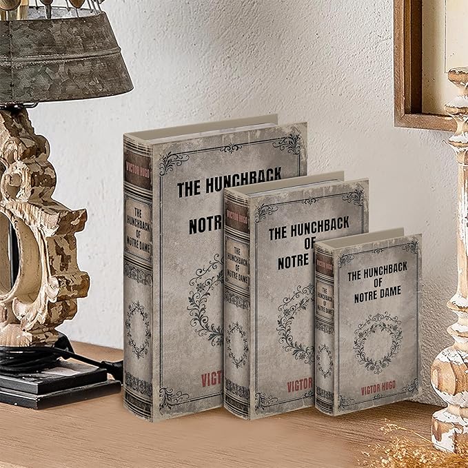 Vintage Faux Leather Decorative Book Box Set of 3 – Wooden Secret Storage Box with Magnetic Closure, Hidden Organizer for Bookshelf, Desk, or Office Decor (The Hunchback of Notre Dame)