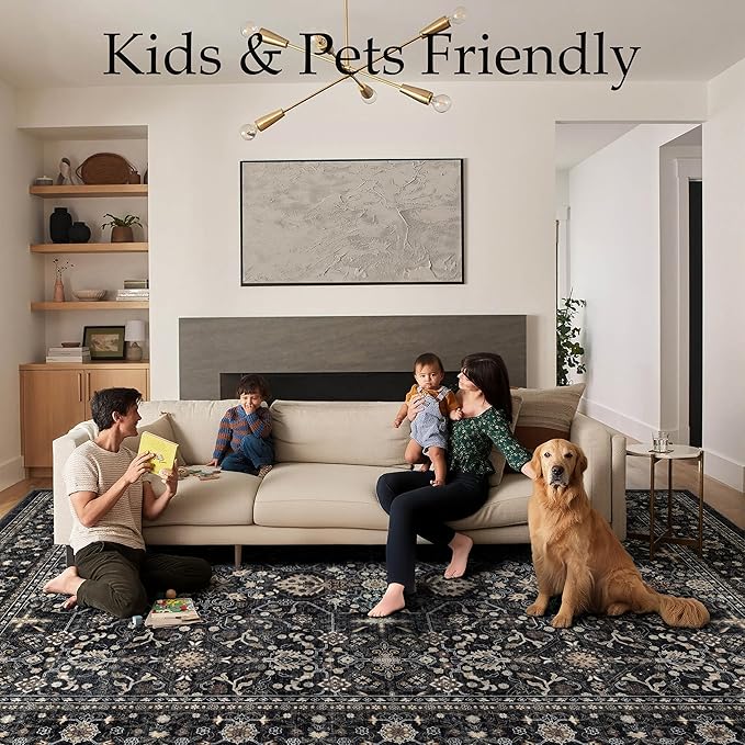 Ruaruarug Area Rug Non Slip Machine Washable Ultra Soft Living Room/Bedroom/Kitchen/Outdoor/Classroom, Black Grey, 8'×10'