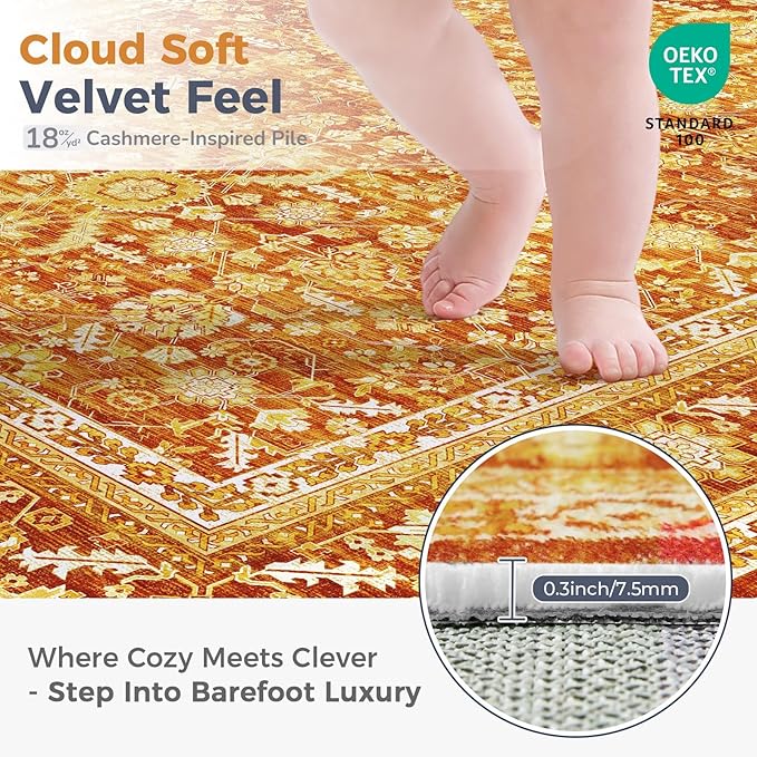 OPPODREAM Vintage Orange Round Rug 3ft, 3 ft Retro Washable Circle Rug Non Slip, Low-Pile Faux Wool Circular Carpet, Distressed Floor Mat for Living Room, Bedroom, Office, Dorm, Dinning Room