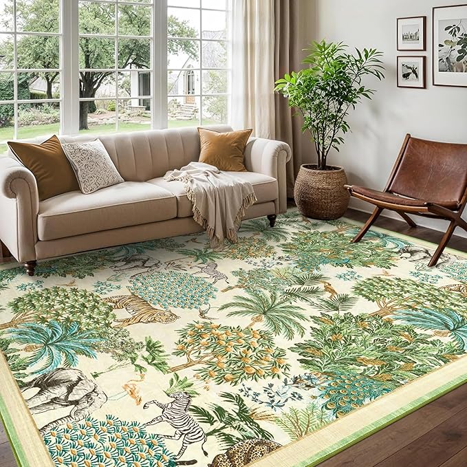 GarveeHome Jungle Animal Print Rug 6x9 Washable Area Rugs for Living Room, Forest Rug Non Slip Low Pile Stain Resistance Large Throw Carpet for Bedroom Dining Room Kids Playroom Nursery, Beige