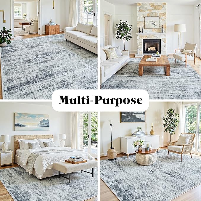 8x10 Area Rugs Washable Rug:Anti-Skid Abstract Modern Living Room Rug Soft Thin Carpets Indoor Floor Non-Shedding Carpet for Bedroom Dining Farmhouse Nursery Home Office(Black/Grey/White, 8x10)
