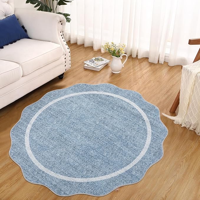 GarveeHome Scalloped Washable Round Rugs, Non-Slip Soft Round Rug 4ft Ultra-Thin, Small Boho Circle Stain Resistant Low Pile Carpet for Entryway Kitchen Bedroom Nursery Bathroom, Blue