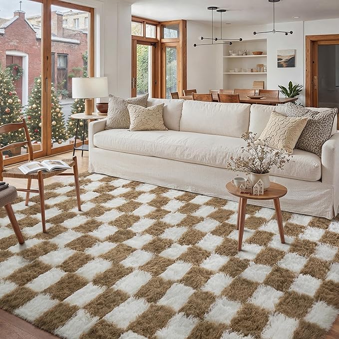PureCozy Checkered Rug 9x12 for Living Room, Brown and White Modern Shag Rugs Super Soft Washable Indoor Office Fuzzy Carpet Non-Slip Fluffy Rugs for Bedroom Home Aesthetic Decor