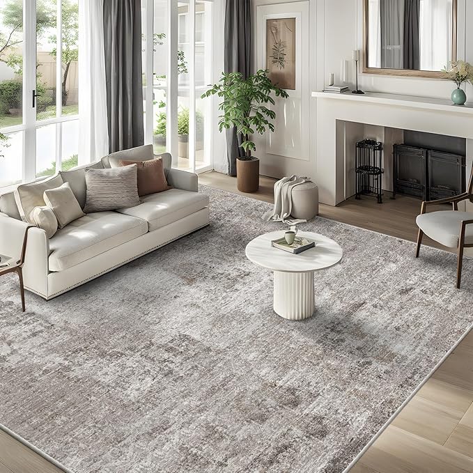12x12ft Square Living Room Rug – Non-Slip Washable Extra Large Floor Carpet for Bedroom, Dining Room, Playroom Room – Modern Abstract Neutral Thin Low-Pile Big Indoor Rug (Beige Grey)