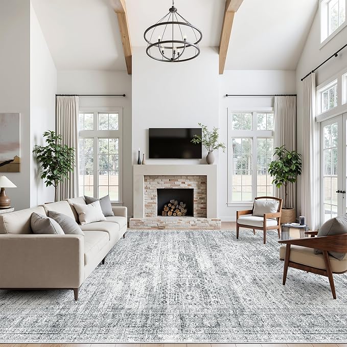 Soalmost 10x14 Area Rugs for Living Room, Non Slip Machine Washable Vintage Rugs, Low Pile Lightweight Large Rug for Bedroom, Dining Room, Home Office Grey