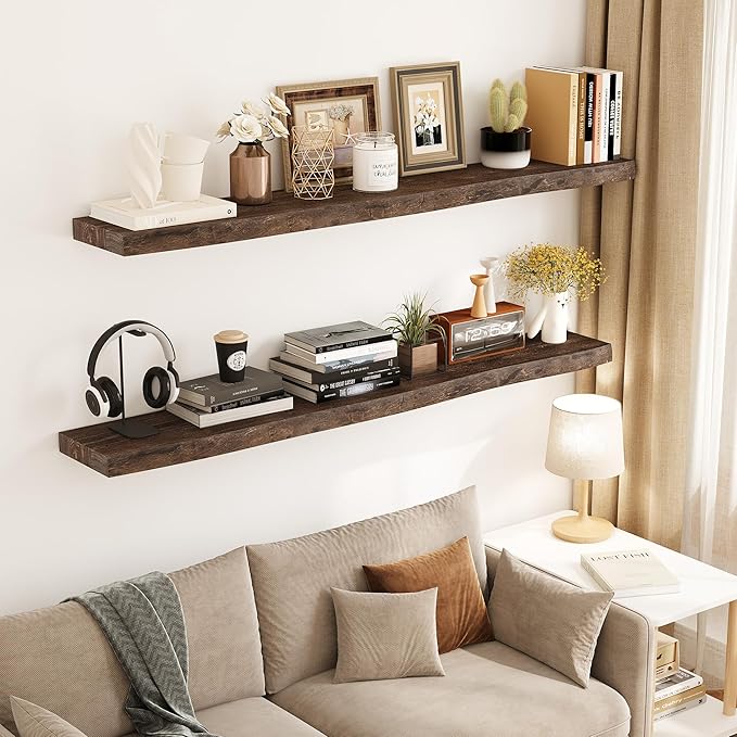 Vivelove Live Edge Floating Shelves 36 inch Long, Elm Wood Wall Display Shelf with Invisible Bracket for Living Room Bedroom Bathroom Office, Rustic Farmhouse, Solid Wood Set of 2 - Dark Walnut
