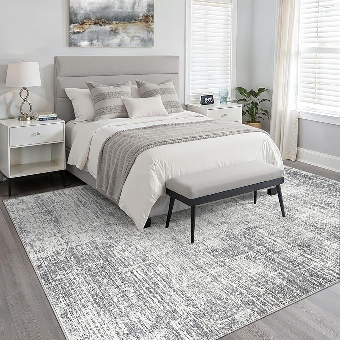 4x6 Rug Washable Area Rugs: Neutral Abstract Soft Modern Stain Resistant Small Indoor Floor Non-Slip Low Pile Throw Carpet for Entryway Kitchen Bedroom Nursery Kids Office Playroom Home House- Grey