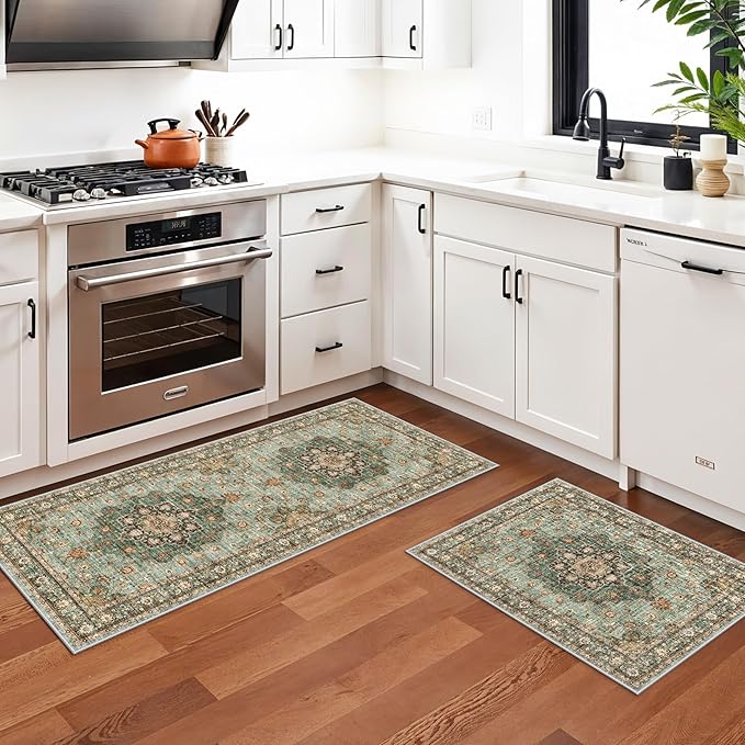 TOPRUUG Washable Entryway 2x5 Rug - Small Throw Runners for Kitchen Bathroom Bedroom Non-Slip Ultra-Thin Indoor Door Mat Indoor Entrance - Stain Resistant Vintage Home Decor (Green, 2X5)