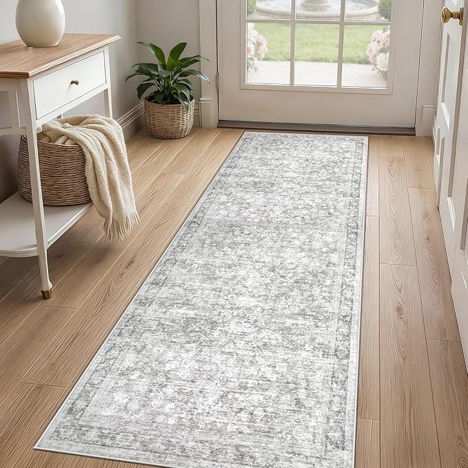 2x8 Hallway Runner Rug: Washable Vintage Floral Entryway Rugs Low Pile Non-Slip Boho Carpet for Kitchen, Bedroom, Bathroom, Dining Room (Grey, 2'x8')
