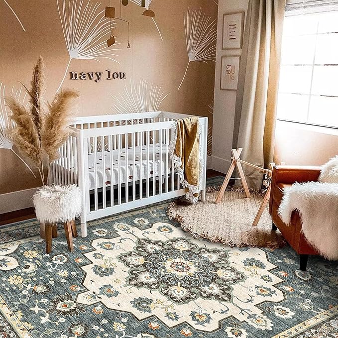 TOPRUUG Washable Oriental Area Rug - 5x8 Rugs for Living Room Soft Carpet for Bedroom Waterproof Floral Distressed Indoor Stain Resistant Non-Shedding Floor Carpets (Blue, 5x8)