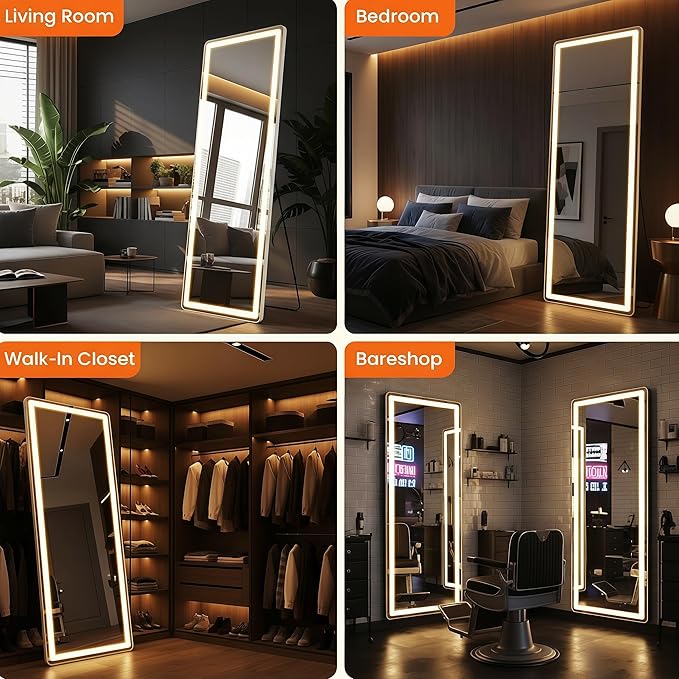 Full Length Mirror with LED Lights 65"x24"Rectangle Full body mirror with Stand Aluminum Alloy Frame, Tempered Glass Floor Mirror with Dimming&3 Color Lighting for Bedroom Dressing Room Silver