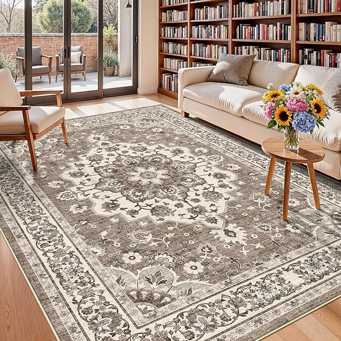TOPRUUG Washable Oriental Area Rug - 8x12 Area Rugs for Living Room Bedroom Dining Room Under Kitchen Table - Non-Slip & Stain Resistance Rug for High Traffic Area (Beige, 8x12)