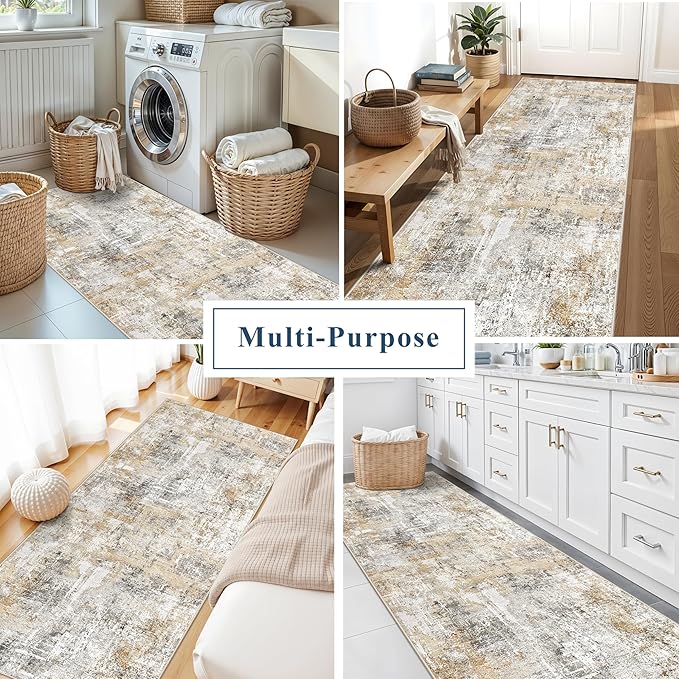 3x7 Washable Non-Slip Kitchen Runner Rug – Modern Abstract Neutral Beige & Gray Carpet for Hallway, Entryway, Bedroom, Laundry Room – Low-Pile Thin Wide Floor Runner (Gold Grey