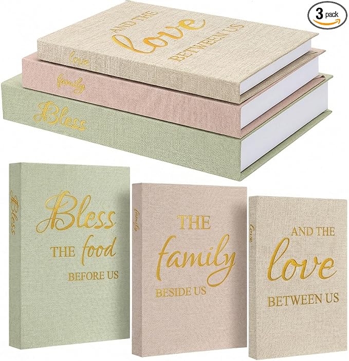 Weysat Set of 3 Linen Covered Decor Books Decorative Books for Home Decor Bless Family Love Stacked Aesthetic Fake Storage Boxes for Coffee Table, Shelf, Console Table, Fireplace Mantel