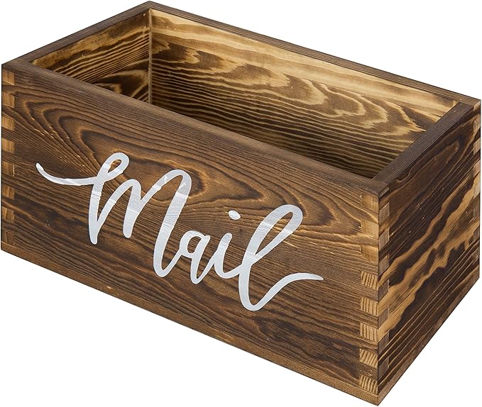 MyGift Mail Holder Storage Organizer Box Rustic Brown Wood with MAIL Script Design, Desktop Letters, Bills, Notes and Postcard Bin for Home Office Dorm Room