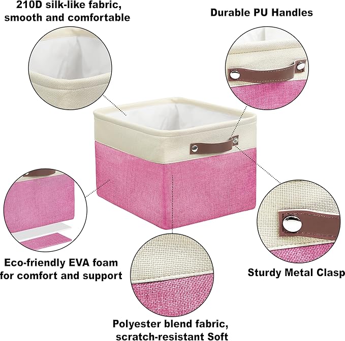 Simple Houseware Large Fabric Storage Bin, 15" x 11" with Leather Like Handles, 3 Pack, Pink
