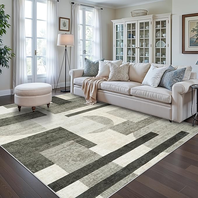 Dining Room Rugs for Under Table - 7x9 Mid Century Modern Rug for Living Room Low Pile Thin Carpet for Bedroom Office - Geometric Minimalist Design for Young Families (Beige/Olive Green/Gray, 7x9)