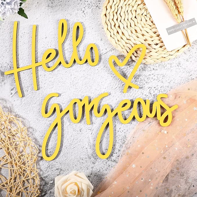 Blulu Hello Gorgeous Wall Decor Sign Hello Gorgeous Wall Art Minimalist Wooden Words Decor for Lash Room, Salon, Vanity or Makeup Room, Bathroom, Bedroom, Office(Gold)