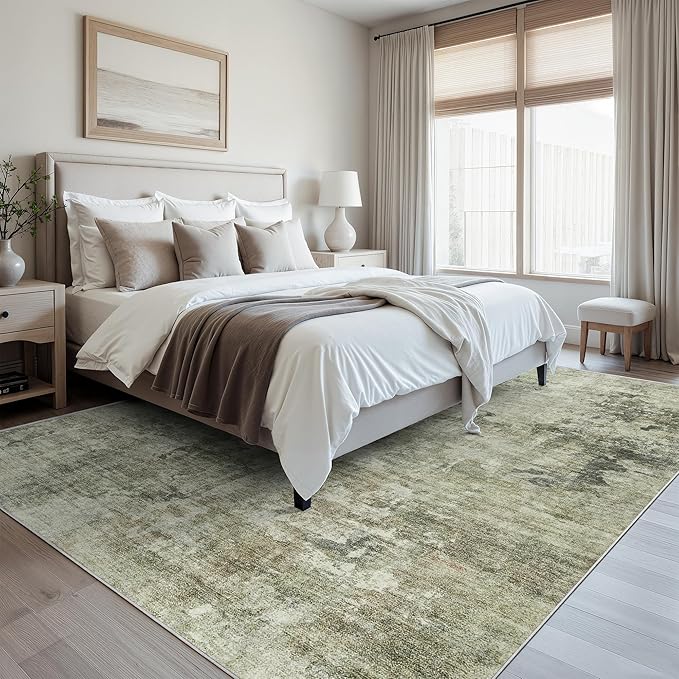Soalmost Abstract Rug 8x10 Large Living Room Neutral Modern Washable Area Rugs for Bedroom Dining Room Non-Slip Stain Resistant Foldable Thin Green Black