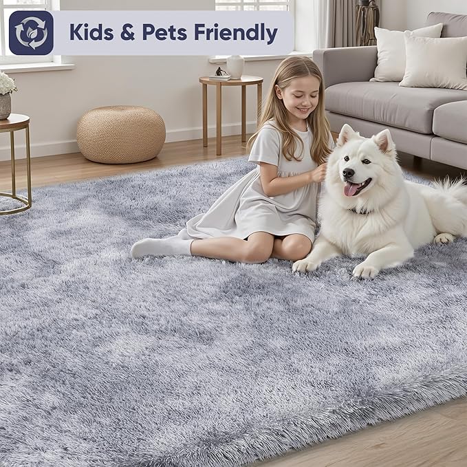 Area Rug for Living Room Bedroom: 9x12 Light Grey Soft Fluffy Shag Upgrade Non-Slip High Pile Carpet Large Fuzzy Plush Indoor Floor Decor Shaggy Rug for Kid Boys Girls Playroom Nursery Modern Home