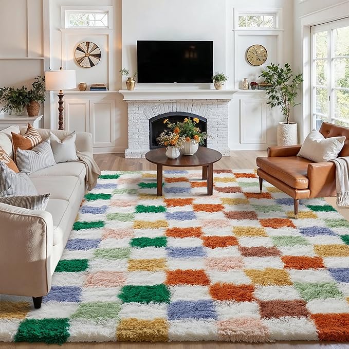 PureCozy Checkered Rug 6x9 for Living Room, Modern Neutral Shag Rug Washable Non-Slip Large Area Rug Super Soft Indoor Fuzzy Carpet Fluffy Rugs for Bedroom Home Aesthetic Decor