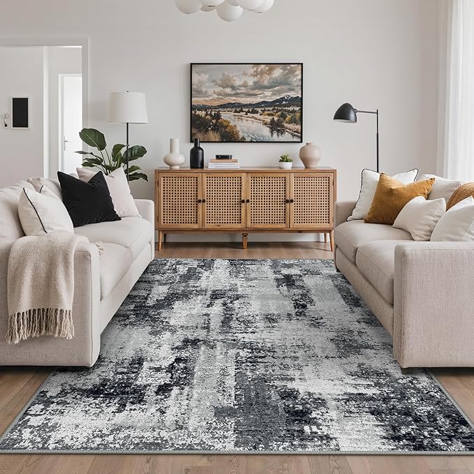 GENIMO Washable Rugs 5x7 Area Rugs for Living Room Bedroom, Modern Lightweight Rug Ultra Soft Indoor Area Rugs 5x7 for Dining Room, Low Pile Carpet with Non Slip Backing, Black White