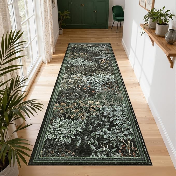 GarveeHome Forest Runner Rug 2.5x8, Black Green Washable Runner Rug for Kitchen, Botanical Low Pile Non Slip Stain Resistance Woodland Hallway Rug for Entryway Bedroom Laundry Room