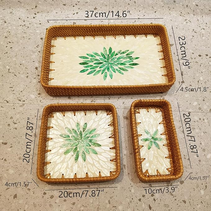 i-lan Set of 3 15" Rectangular Rattan and Mother of Pearl Serving Tray, Green Leaf Pattern Decorative,Boho Rectangule Natural Rattan Woven Trays for Entryway Kitchen Bathroom Counter