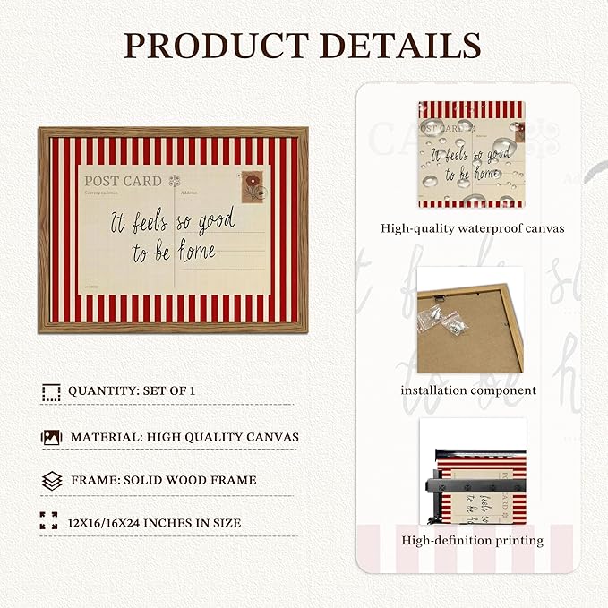 It Feels So Good To Be Home Wall Art, Vintage Inspirational Postcard Canvas Wall Decor Painting, Red Striped Quotes Artwork Print Picture for Living Room Bedroom 12x16 Inch Wood Framed