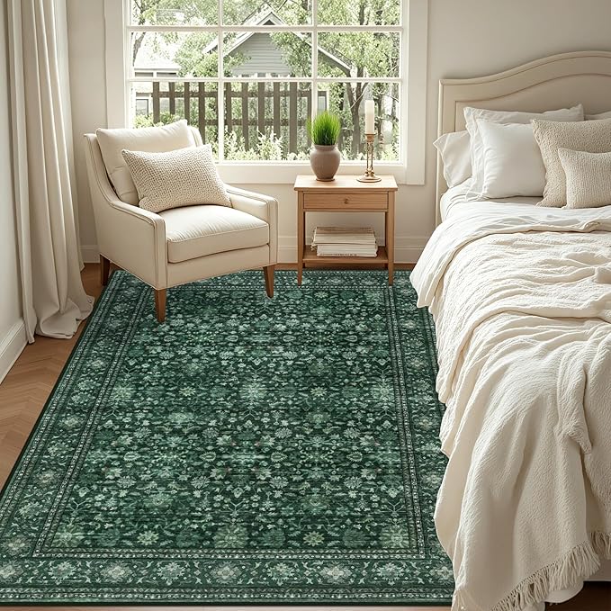 5x7 Area Rugs Living Room Rug: Washable Vintage Distressed Floral Rug No Slip Stain Resistant Soft Carpet Indoor Large Carpets for Bedroom Dining Room Farmhouse Nursery Hallway Home Office Deep Green