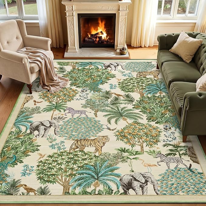 GarveeHome Jungle Rug 10x13 Washable Area Rugs for Living Room, Beige Animal Print Rug Non Slip Low Pile Forest Stain Resistance Large Throw Carpet for Kids Bedroom Nursery Playroom Dining Room