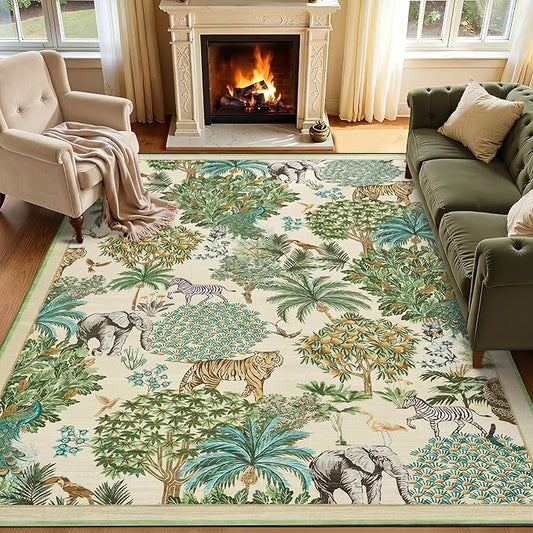 GarveeHome Jungle Rug 10x13 Washable Area Rugs for Living Room, Beige Animal Print Rug Non Slip Low Pile Forest Stain Resistance Large Throw Carpet for Kids Bedroom Nursery Playroom Dining Room