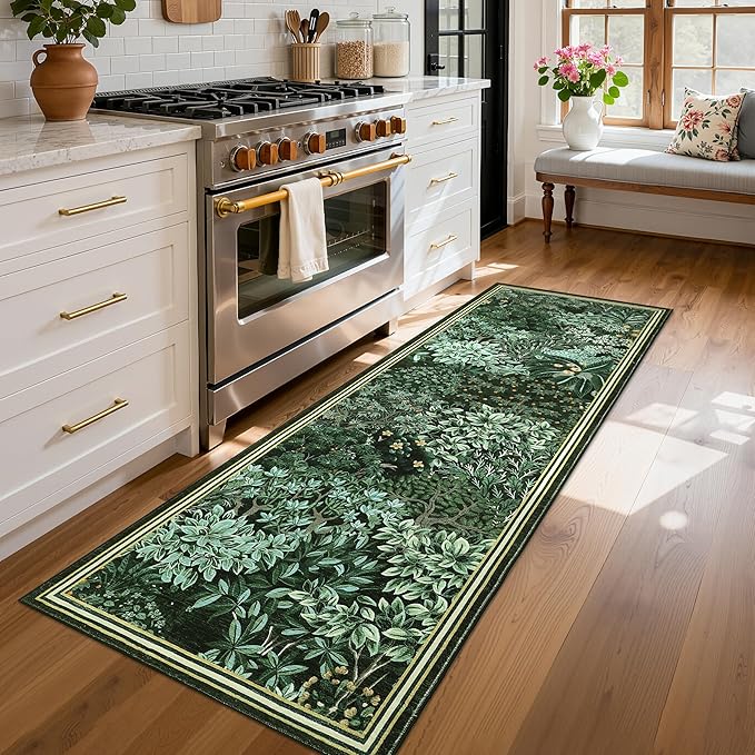 GarveeHome Forest Runner Rug, Green Washable Runner Rug 2x6 for Kitchen, Botanical Low Pile Non Slip Stain Resistance Woodland Hallway Rug for Entryway Bedroom Laundry Room