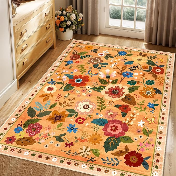 RELEANY Floral Nursery 4x6 Area Rugs Washable Print Boho Cute Carpet Non Slip Flower Low Pile for Living Room Kids Girls Playroom Bedroom Kitchen Office Farmhouse-Yellow/Orange