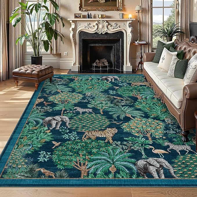 GarveeHome Jungle Washable Rug 9x12 Area Rugs for Living Room Bedroom, Animal Print Rug Non Slip Low Pile Forest Stain Resistance Large Throw Carpet for Dining Room Kids Playroom Nursery, Blue