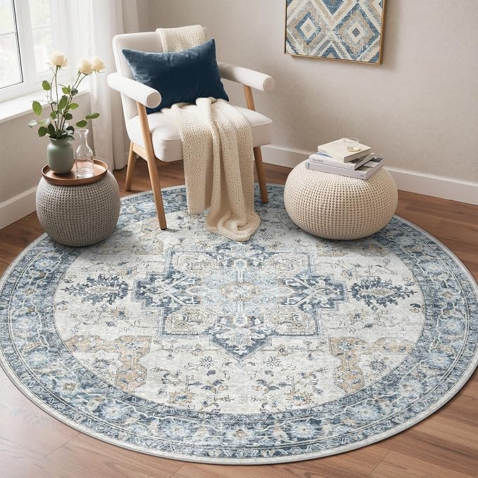 GENIMO 5FT Round Area Rugs for Living Room, Circle Rugs Machine Washable Low Pile, Chenille Non Slip Vintage Rug for Bedroom, Dining Room, Home Office, Blue