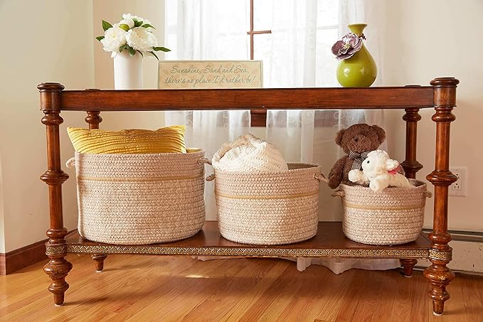 Super Area Rugs Wool-Made Soft Storage Basket with Handles Braided Trendy Decorative Bin, Sesame, 18" x 12"