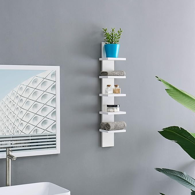 Danya B 5 Tier Wall Shelf Unit Narrow Smooth Laminate Finish - Vertical Column Utility Shelf Floating Storage Home Decor Organizer 5.1" x 6" x 30" (White)