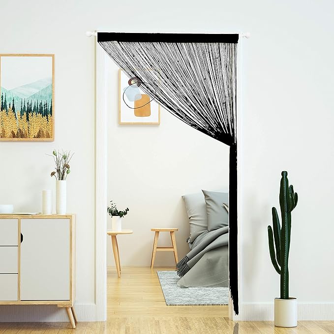 YaoYue Beaded Curtain Door String Curtains for Doorway Tassels Beads Hanging Fringe Hippie Room Divider Window Hallway Entrance Wall Closet Bedroom Privacy Decor (39×110in/100×280cm, Black)