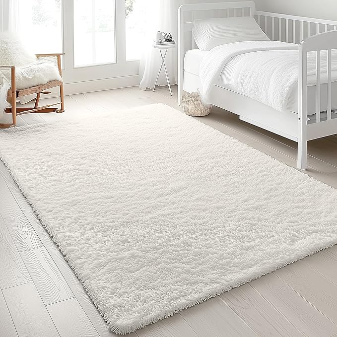 OLANLY 10x14 Machine Washable Large Area Rugs for Living Room, Bedroom, Soft Fluffy Shaggy Bedside Rug, Indoor Floor Carpet for Kids Girls and Boys, Dorms, Nursery, Home Decor Aesthetic, Ivory