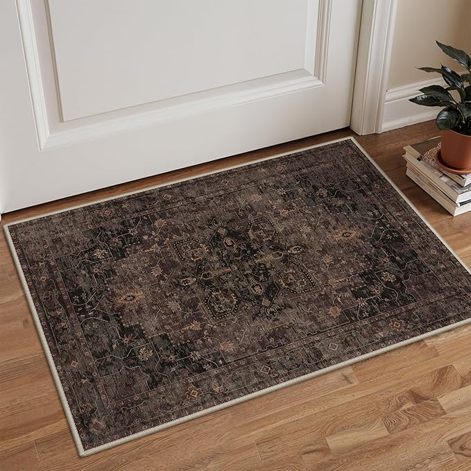 GENIMO Area Rug 2x3 Doormat, Machine Washable Rugs Low Pile, Small Retro Chenille Entryway Mat for Entrance, Hallway, Kitchen and Corridor, Charcoal Brown