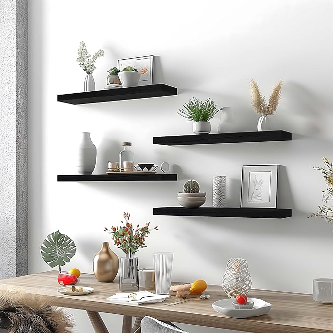 GXYAWPJ Black Wood Floating Shelves for Wall Rustic Wall Shelves for Bedroom Set of 6