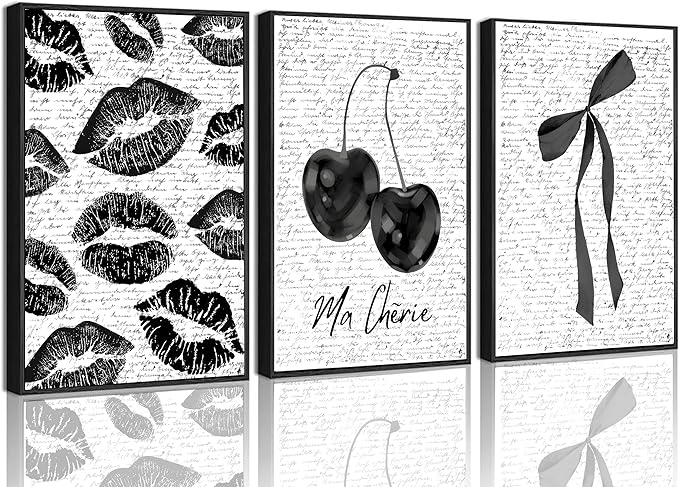 3Pcs Black Framed Fashion Lips And Cherry Canvas Wall Art Vintage Girl Funky Aesthetic Bow Wall Decor Ma Cherie Dark Coquette Posters Prints for Neutral Preppy Apartment Girl (Black Framed, 24"L x 16"W)