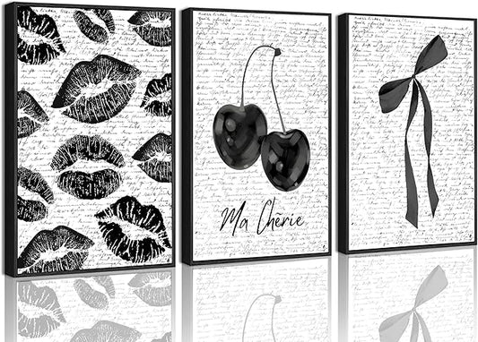 3Pcs Black Framed Fashion Lips And Cherry Canvas Wall Art Vintage Girl Funky Aesthetic Bow Wall Decor Ma Cherie Dark Coquette Posters Prints for Neutral Preppy Apartment Girl 12x16inBlack Framed