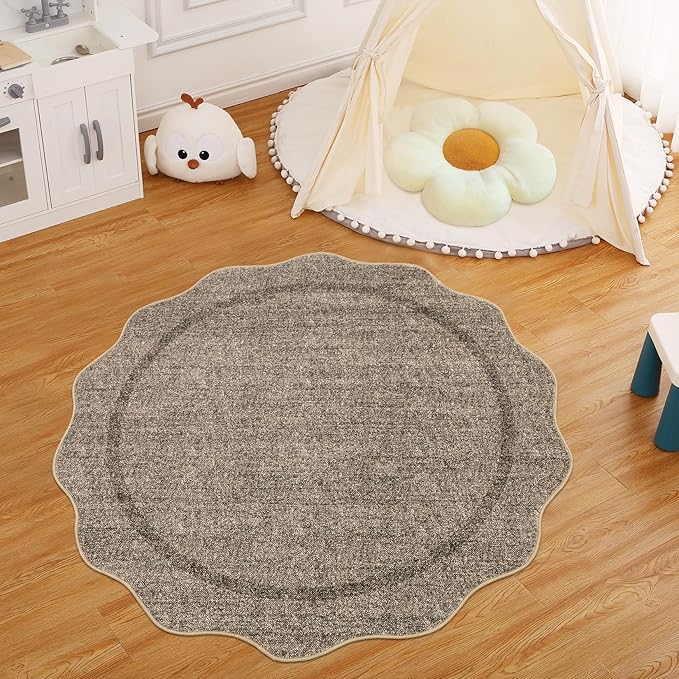 GarveeHome Scalloped Round Area Rugs, Washable Small Round Rug 3ft Non-Slip, Soft Boho Ultra-Thin Circle Low Pile Stain Resistant Carpet for Bedroom Entryway Kitchen Laundry Bathroom, Taupe