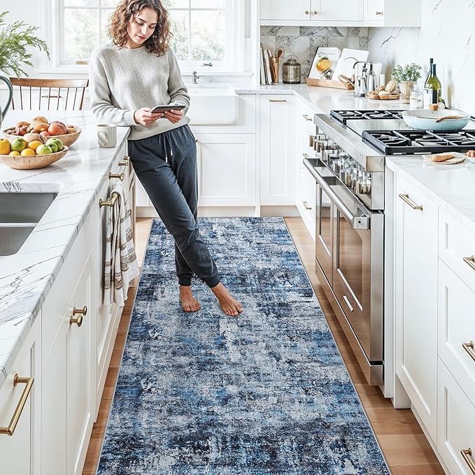 3x15 Ft Long Hallway Runner Rug - Non-Slip Washable Kitchen Runner Rug with Rubber Backing | Modern Abstract Wide Floor Carpet Runner for Indoor Entryway, Bedroom, Living Room（Blue）