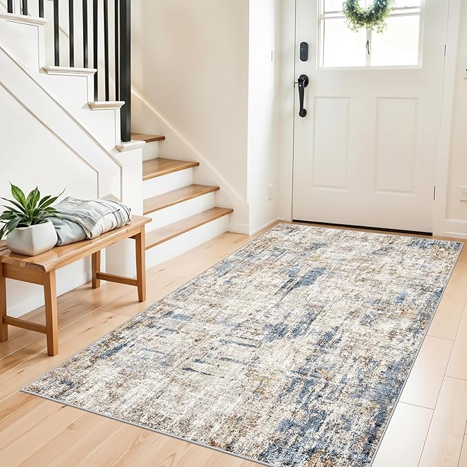 4x6 Washable Entryway Rug – Non-Slip Low-Pile Small Area Rug for Kitchen Bedroom Living Room Office – Modern Abstract Neutral Throw Carpet with Rubber Backing(Blue Brown)