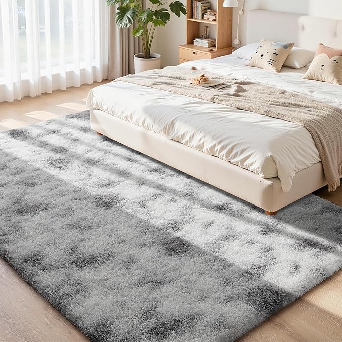 Modern Soft Fluffy Small Shaggy Rug for Bedroom Livingroom Dorm Kids Room Indoor Home Decorative, Non-Slip Plush Furry Fur Area Rugs Comfy Nursery Floor Carpet 7X10 Feet,Tie-Dyed White Grey