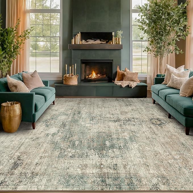 Hazo Haus Neutral Dark Rugs for Living Room - 6x9 Washable Rug for Dining Room Table, Bedroom Under Bed, Ultra-Thin Soft Textured Moss Green Indoor Decor