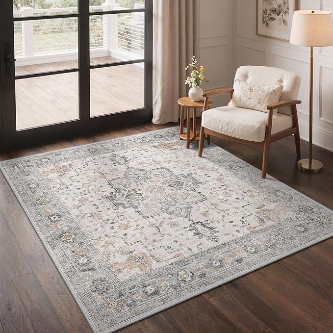 GENIMO 5x5 Area Rugs for Living Room, Machine Washable Rug, Non Slip Indoor Vintage Rug, Low Pile Lightweight Chenille Print Carpet for Bedroom Dining Room Home Office, Light Taupe Brown